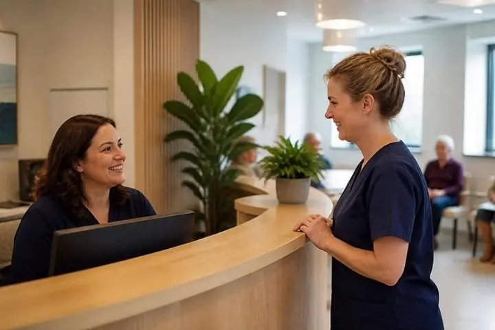 A GP practice receptionist smiling at the front desk of a bright surgery