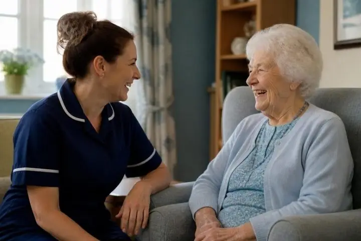 A care worker sharing a laugh with a resident in a care home lounge