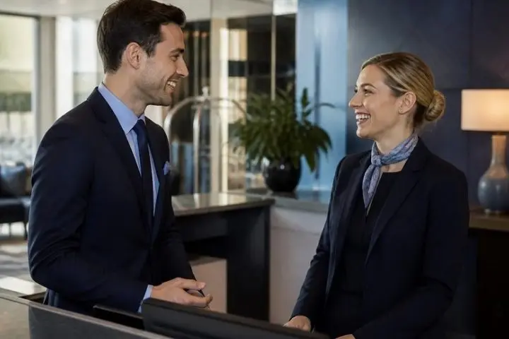 Two hotel staff greeting each other at reception at the start of a shift