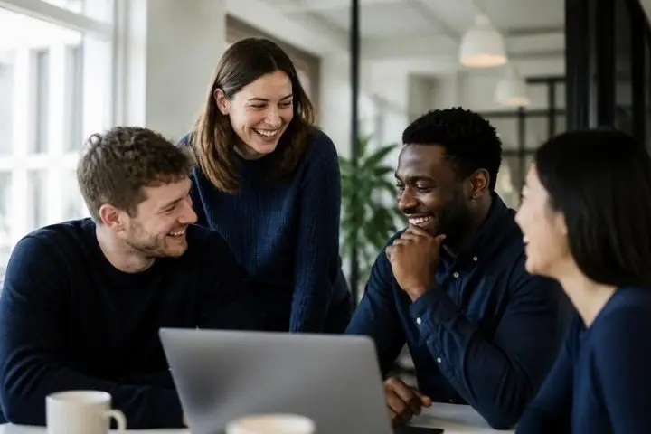 A small office team laughing together around a laptop