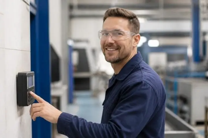 A smiling factory worker in safety glasses clocking in on a wall terminal