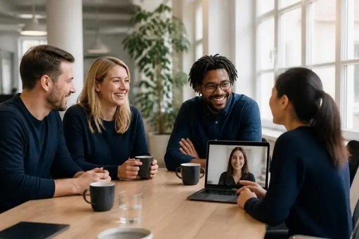 Colleagues chatting over coffee in a small open-plan office