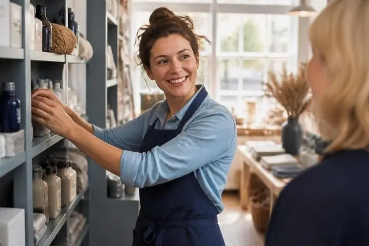 A cheerful shop assistant arranging shelves in a bright shop