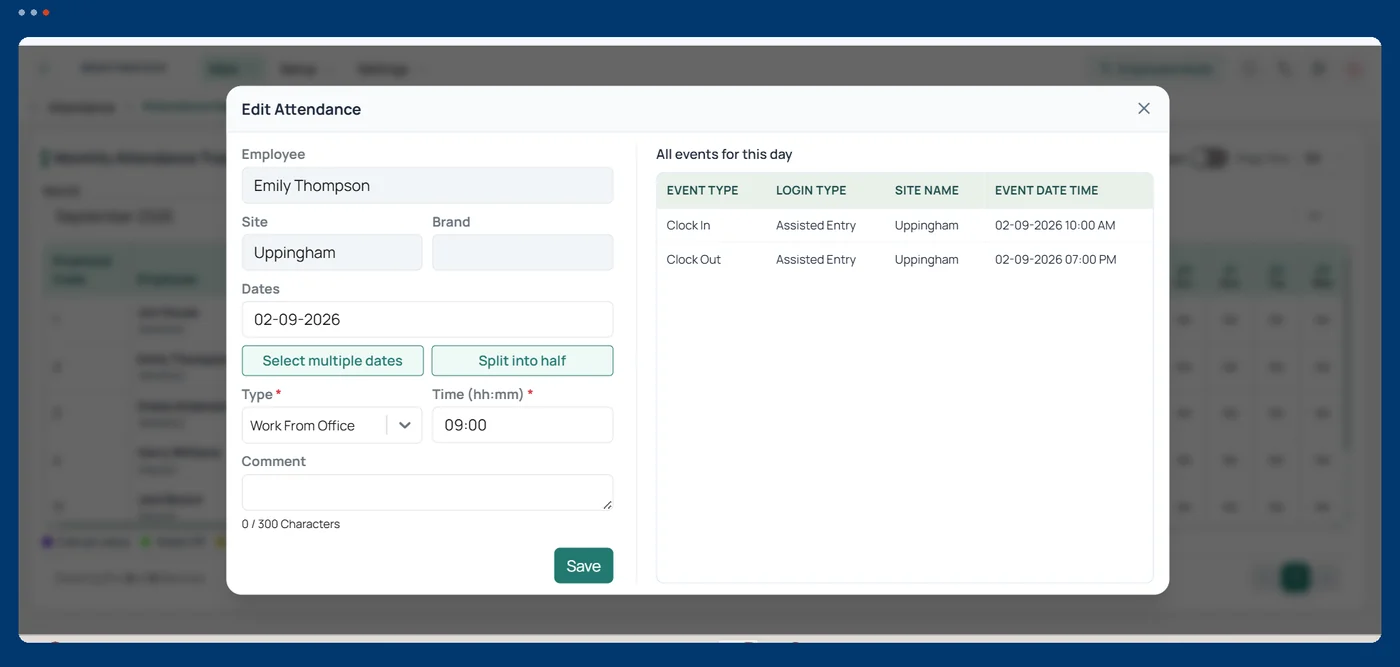 ClockedInOne edit attendance dialog showing a clock in and clock out pair with site, date, work type and the full event log for that day