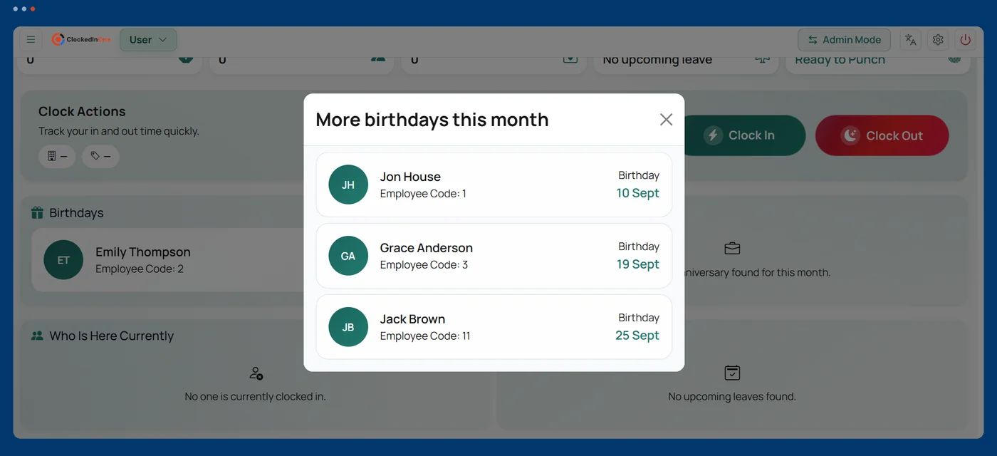 ClockedInOne birthday panel listing upcoming staff birthdays for the month