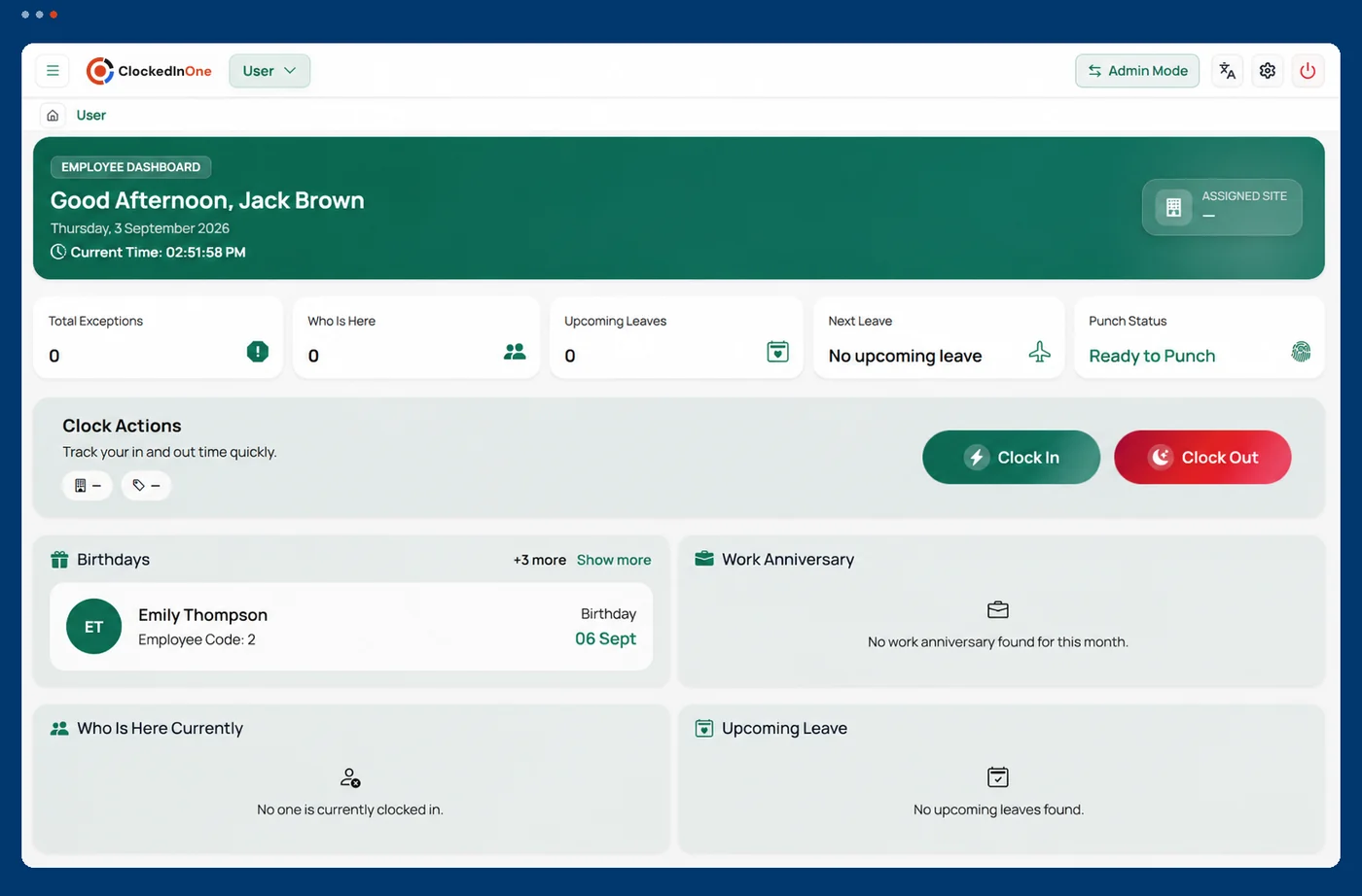 ClockedInOne employee dashboard showing clock in and clock out, exception count, upcoming leave, punch status, birthdays and who is currently on site