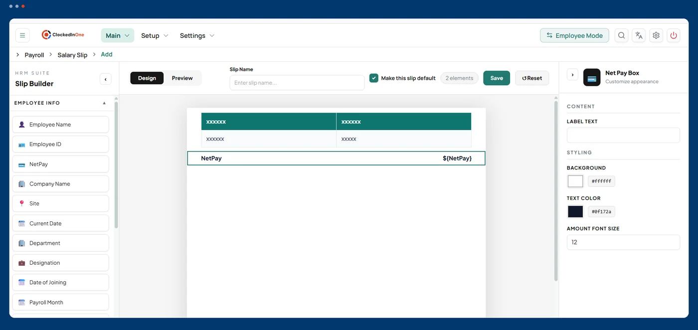 ClockedInOne salary slip builder with a drag and drop element palette, a live slip design canvas and styling controls